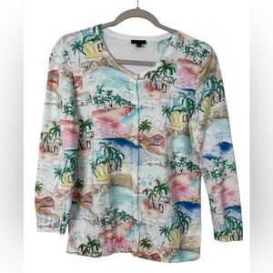 Talbots Charming Cardigan Coastal Print Tropical Vacation Beach Size Medium